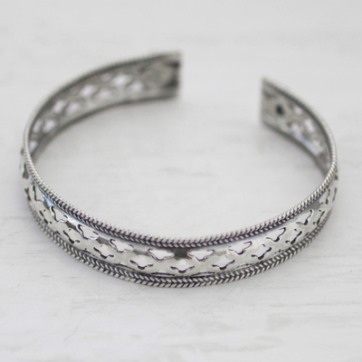 Sterling silver cuff bracelet, 'Jali Stars' - Artisan Crafted 925 Silver Indian Jali Motif Cuff Bracelet