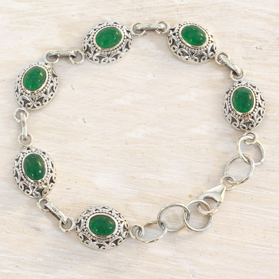 Quartz link bracelet, 'Royal Domes in Green' - Green Quartz and Sterling Silver Link Bracelet from India