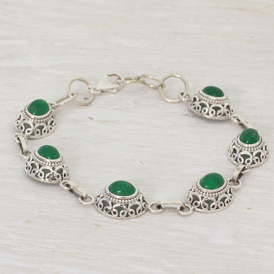 Quartz link bracelet, 'Royal Domes in Green' - Green Quartz and Sterling Silver Link Bracelet from India