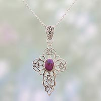Sterling silver pendant necklace, 'Christian Wish' - Purple Composite Turquoise Sterling Silver Cross Necklace