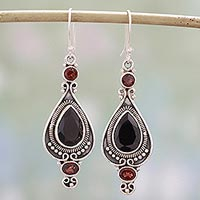 Onyx and garnet dangle earrings, 'Sparkling Midnight' - Black Onyx and Garnet Dangle Earrings from India