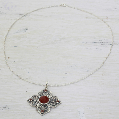 Garnet and onyx pendant necklace, 'Royal Fire' - Garnet and Onyx Pendant Necklace from India