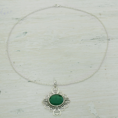 Onyx pendant necklace, 'Light of the Forest' - Modern Indian Sterling Silver and Green Onyx Necklace