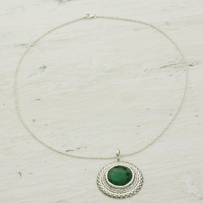 Onyx and cubic zirconia pendant necklace, 'Visions of Green' - Sterling Silver and Green Onyx Pendant Necklace from India