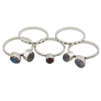 Garnet and labradorite stacking rings, 'Magical Burst' (set of 5) - Garnet and Labradorite Stacking Rings (Set of 5) from India