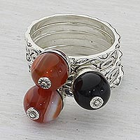 Onyx stacking rings, 'Red and Black Globes' (set of 5) - Red and Black Onyx Stacking Rings (Set of 5) from India