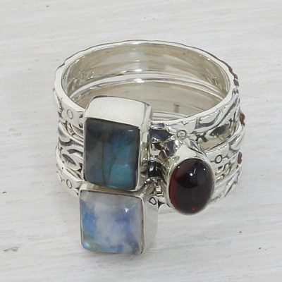 Garnet Labradorite Stacking Rings (Set of 5) from India