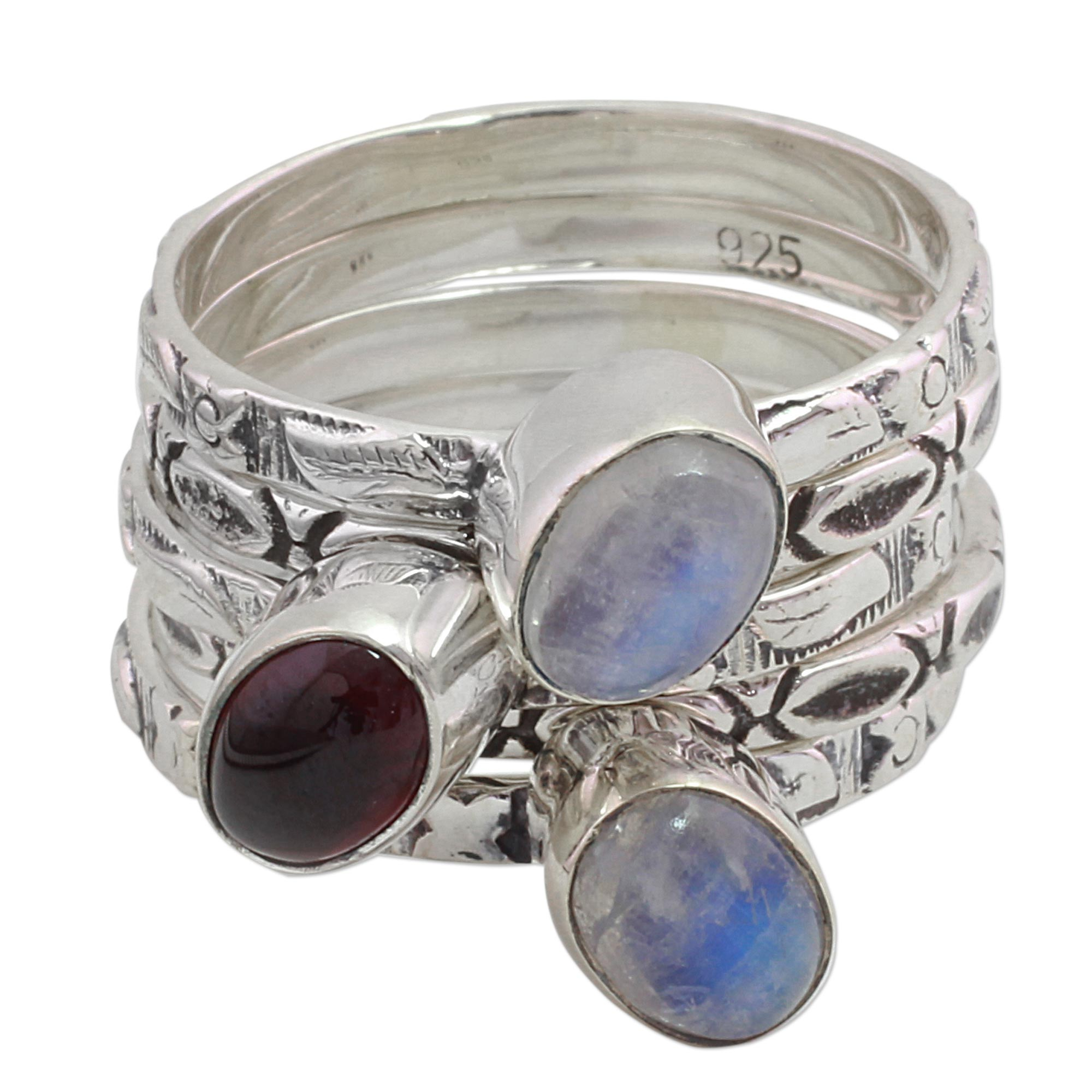 UNICEF Market | Garnet and Rainbow Moonstone Stacking Rings (Set of 5 ...