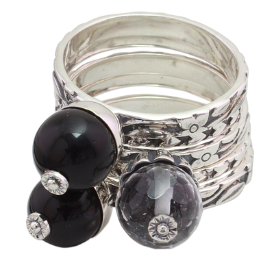 Onyx and quartz stacking rings, 'Nighttime Ecstasy' (set of 5) - Quartz and Onyx Stacking Rings (Set of 5) from India