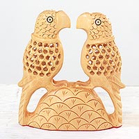Wood sculpture, 'Parrot Hearts' - Hand Carved Wood Parrot Sculpture from India
