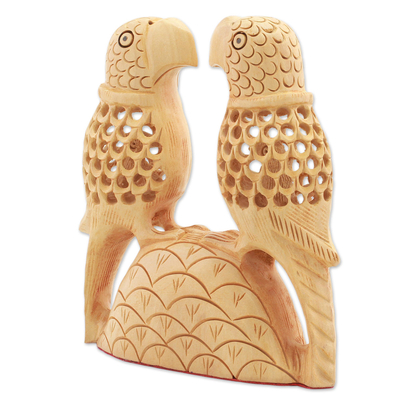 Wood sculpture, 'Parrot Hearts' - Hand Carved Wood Parrot Sculpture from India