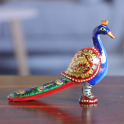 Wood figurine, 'Posturing Peacock' - Hand Carved Multicolored Peacock Figurine from India
