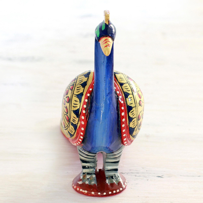Wood figurine, 'Posturing Peacock' - Hand Carved Multicolored Peacock Figurine from India