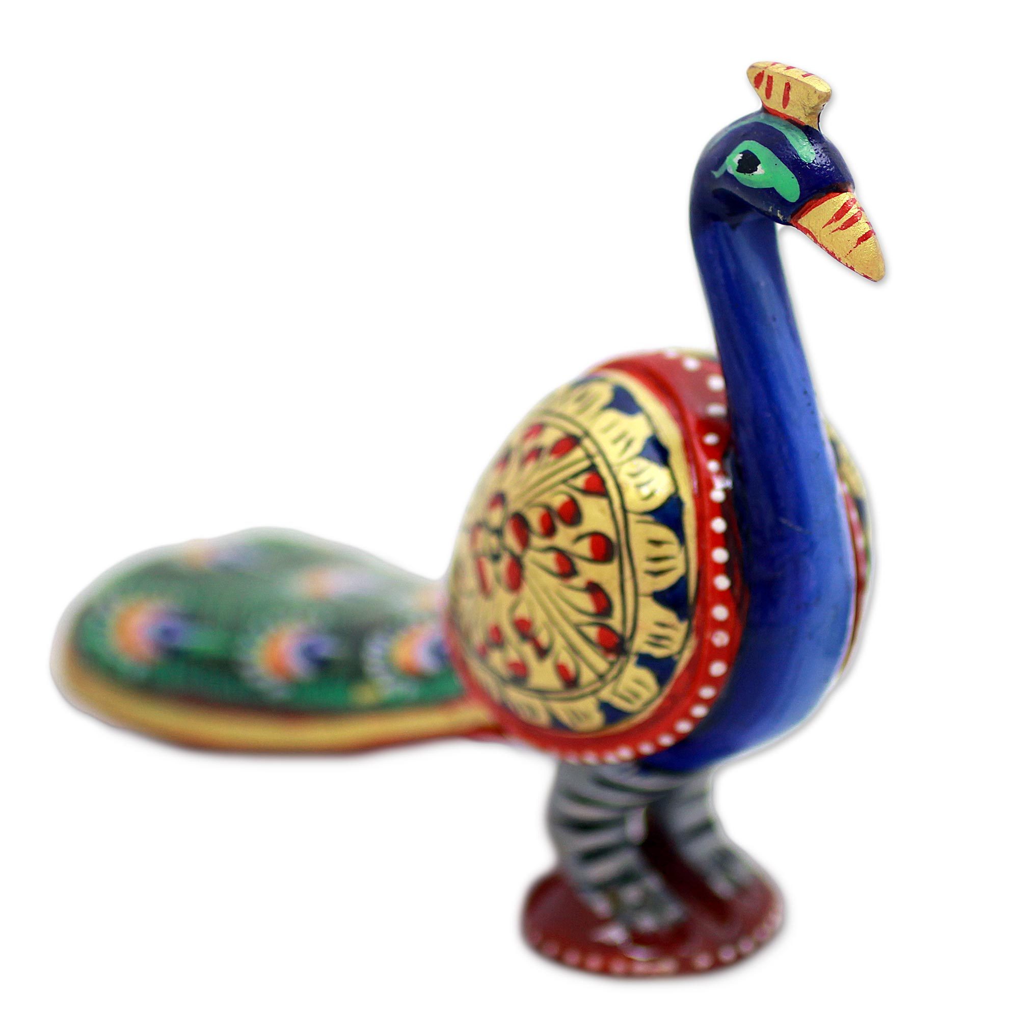 Hand Carved Multicolored Peacock Figurine from India Posturing