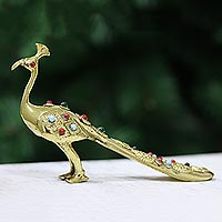 Brass figurine, 'Shining Peacock' - Hand Crafted Brass Peacock Figurine from India