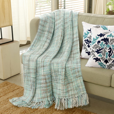 Throw blanket, 'Mint Beauty' - Pastel Green Throw Blanket with Fringes from India