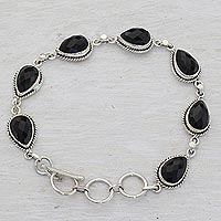 Onyx link bracelet, 'Caressing Rain in Black' - Black Onyx and Sterling Silver Link Bracelet from India