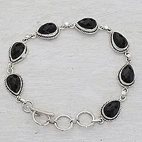 Pulsera de eslabones de ónix, 'Caressing Rain in Black' - Pulsera de eslabones de ónix negro y plata de ley de la India