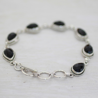 Onyx link bracelet, 'Caressing Rain in Black' - Black Onyx and Sterling Silver Link Bracelet from India