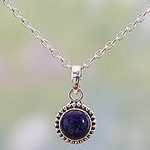 Lapiz Lazuli and Sterling Silver Pendant Necklace from India, 'Blue Globe'
