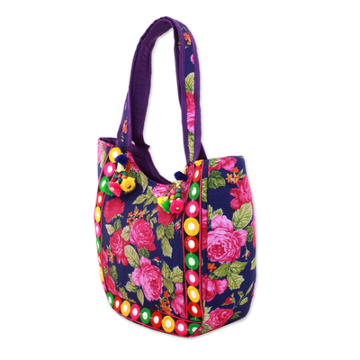 Embroidered tote handbag, 'Rosy Garden' - Tote Handbag with Rose Motifs from India