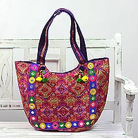 Embroidered tote handbag, Pink Kaleidoscope