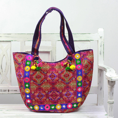 Embroidered tote handbag, 'Pink Kaleidoscope' - Tote Handbag with Kaleidoscope Motifs from India
