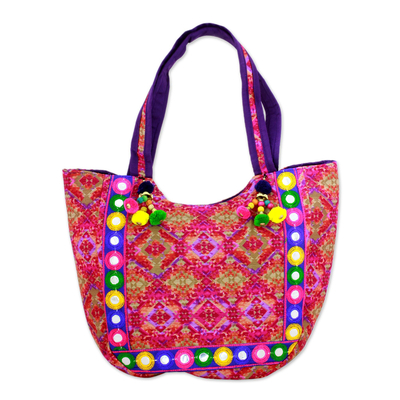 Embroidered tote handbag, 'Pink Kaleidoscope' - Tote Handbag with Kaleidoscope Motifs from India