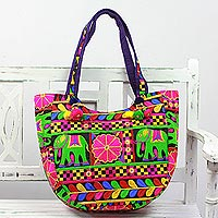 Embroidered tote handbag, 'Elephant Flower in Blue-Violet' - Embroidered Tote Handbag with Floral Elephants from India