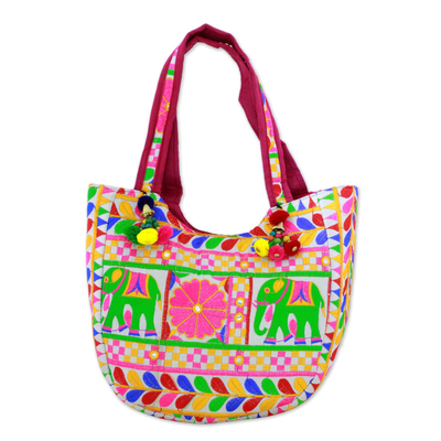 Floral Elephant Embroidered Tote Handbag from India