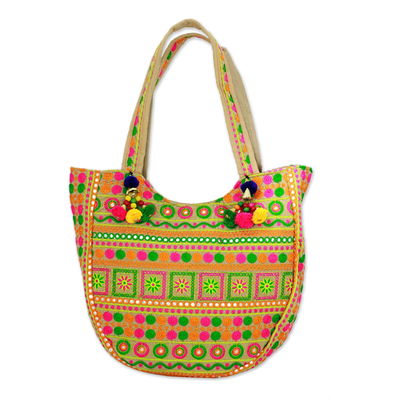 Floral Spiral Embroidered Tote Handbag from India