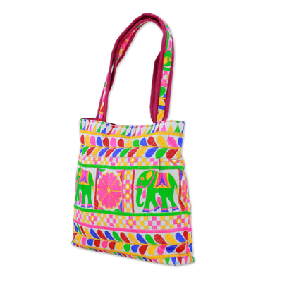 Embroidered tote handbag, 'Elephant Fantasies in Eggshell' - Colorful Elephant Embroidered Tote Handbag from India