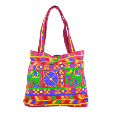 Tote Handbag with Floral and Elephant Motifs from India - Elephant ...
