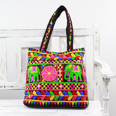 Embroidered tote handbag, 'Elephant Fantasies in Black' - Multicolored Tote with Floral Elephant Motifs from India