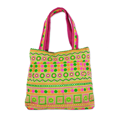Embroidered tote handbag, 'Swirling Beauty' - Rayon Embroidered Floral Tote Handbag from India