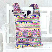 Embroidered sling, 'Beige Floral Fantasy' - Multi-Colored Geometric Embroidered Striped Sling Handbag