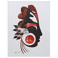 'Floral Blossom' - Brown and Red Expressionist Painting of a Person and Petals