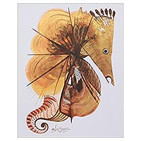 'The Water World' - Brown Cubist Painting of a Seahorse from India