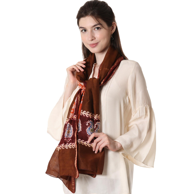 Batik cotton and silk blend shawl, 'Coffee Morning' - Batik Cotton and Silk Blend Shawl with Coffee Paisley Motifs
