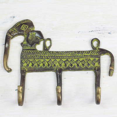 Garderobenständer aus Messing - Garderobe mit 3 Haken aus antikem Messing mit indischem Elefantenmotiv