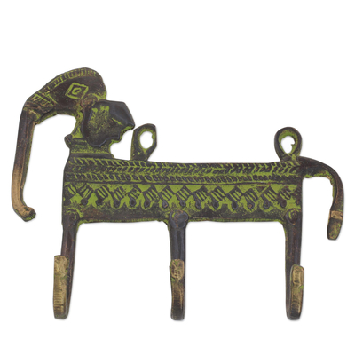 Antiqued Brass Indian Elephant Theme 3-Hook Coat Rack