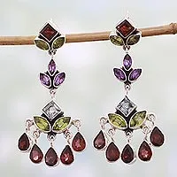 Multi-gem chandelier earrings, 'Classic Radiance' - Indian Multi Gemstone Silver Chandelier Earrings