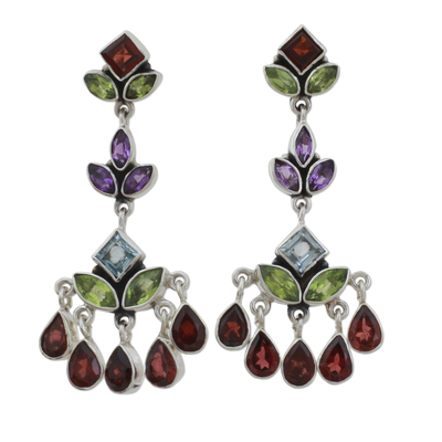 Multi-gem chandelier earrings, 'Classic Radiance' - Indian Multi Gemstone Silver Chandelier Earrings