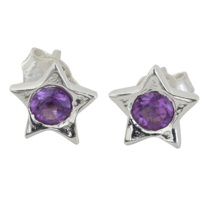 Amethyst stud earrings, 'Bright Star' - Star Shaped Amethyst and Sterling Silver Stud Earrings