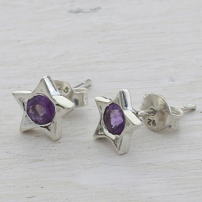 Amethyst stud earrings, 'Bright Star' - Star Shaped Amethyst and Sterling Silver Stud Earrings