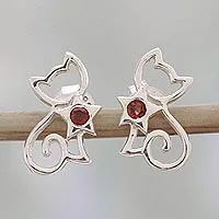 Garnet button earrings, 'Feline Delight' - Garnet and Sterling Silver Kitty Cat Button Earrings