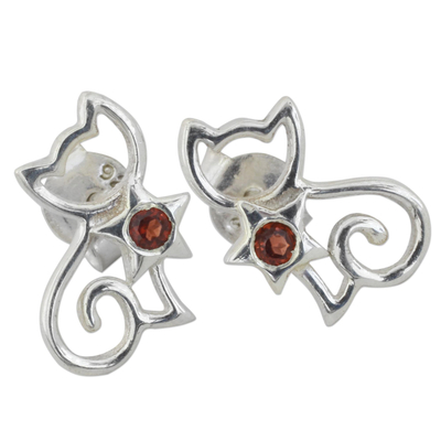 Garnet button earrings, 'Feline Delight' - Garnet and Sterling Silver Kitty Cat Button Earrings
