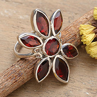 Garnet cocktail ring, 'Flowering Radiance' - Handcrafted Garnet and Sterling Silver Floral Cocktail Ring