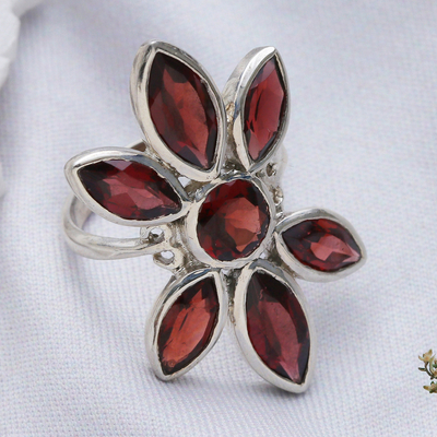 Garnet cocktail ring, 'Flowering Radiance' - Handcrafted Garnet and Sterling Silver Floral Cocktail Ring