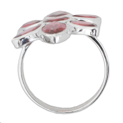 Garnet cocktail ring, 'Flowering Radiance' - Handcrafted Garnet and Sterling Silver Floral Cocktail Ring